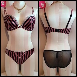 VTG VS Sexy Little Things Silky Satin Stripe Bra/ Panty Set Size 36C/med